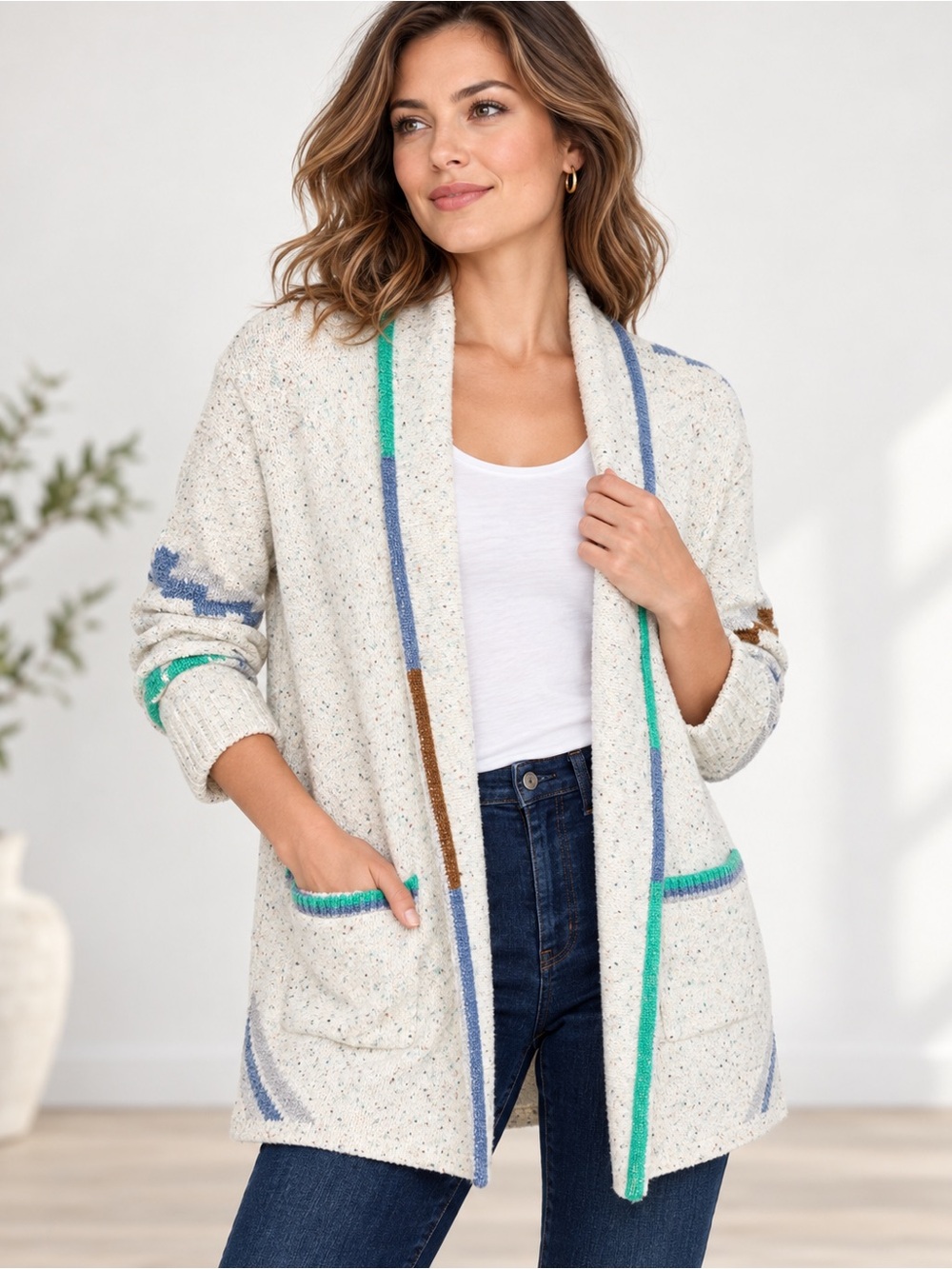 NIC+ZOE Cold Moon Cotton Blend Cardigan Large Confetti Knit Shawl Collar